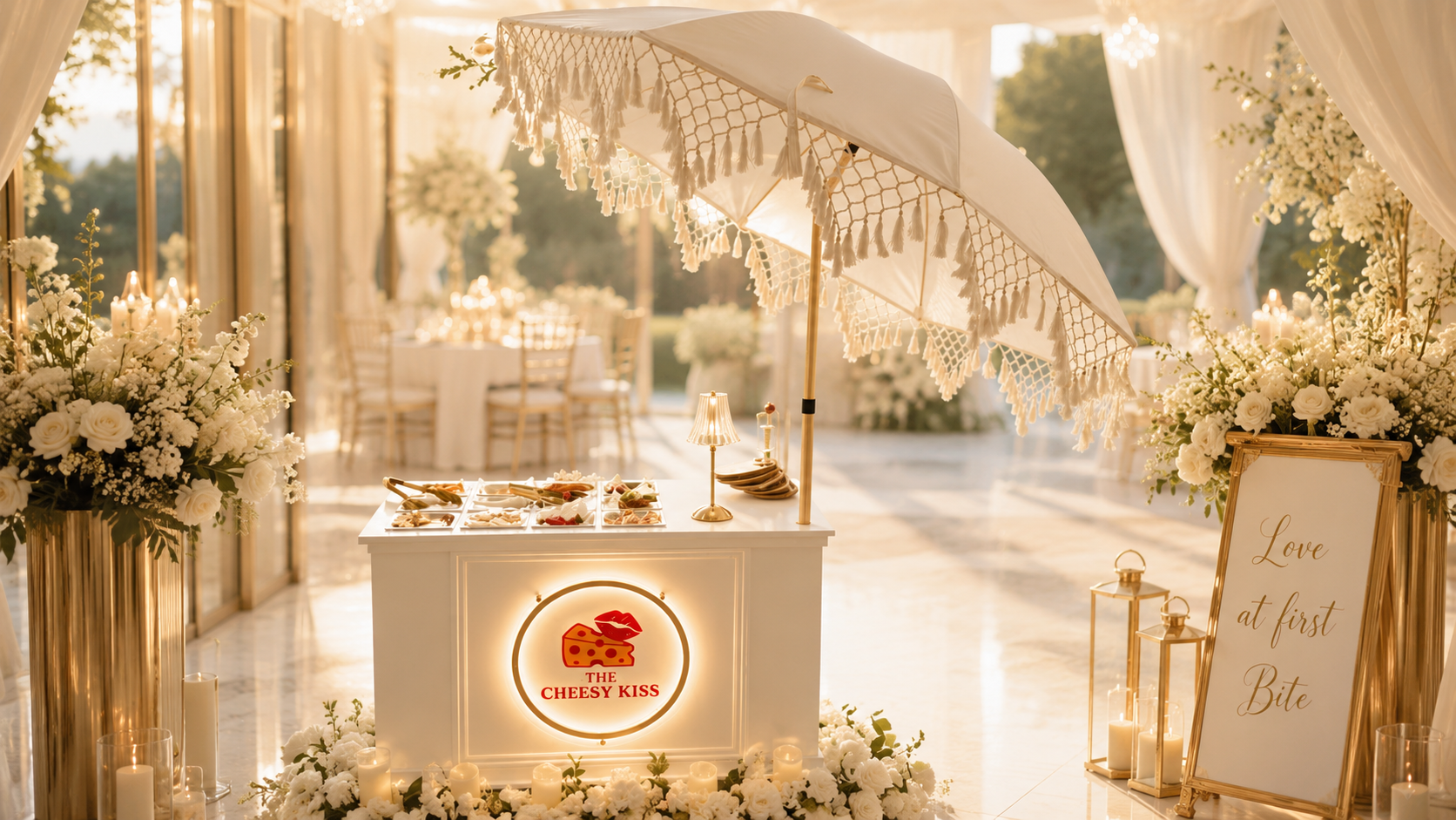 The Cheesy Kiss luxury cheese cart styled with tasselled parasol, ivory florals and candles